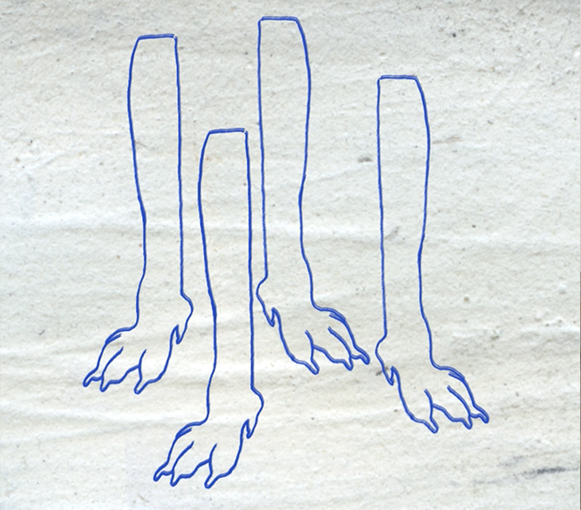 Minimalist blue line drawing of four legs with claw-like feet — Maureen Selwood artwork